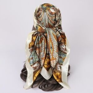 Floral Paisley Hijab Scarf Square Shawlsl Satin Hair Scarf Cream Green Yellow